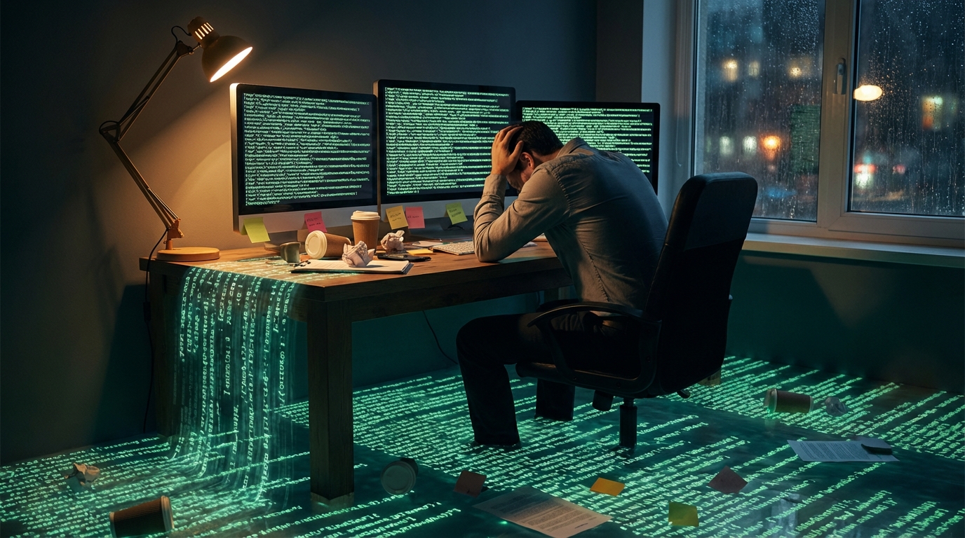A developer with head in hands at a desk, overwhelmed by logs flooding from monitors onto the floor