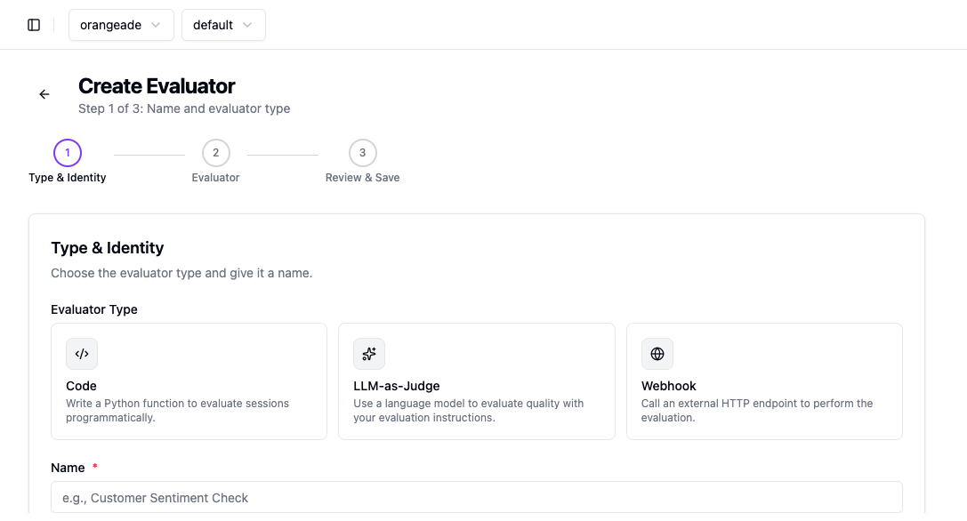 Create Evaluator — Step 1